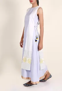 Powder Blue Rayon Maxi Dress With White Cotton Tie Up Overlay Set Featuring Gold and Black Block Printing Set image 3