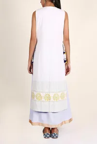 Powder Blue Rayon Maxi Dress With White Cotton Tie Up Overlay Set Featuring Gold and Black Block Printing Set image 4