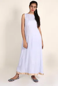 Powder Blue Rayon Maxi Dress With White Cotton Tie Up Overlay Set Featuring Gold and Black Block Printing Set image 5