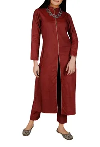 Set of 2- Red Tussar Staple Achkan And Pants image 1