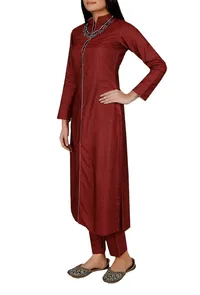 Set of 2- Red Tussar Staple Achkan And Pants image 3