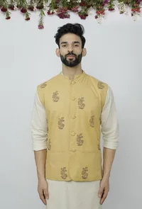 Block Printed Yellow Waist Coat image 1