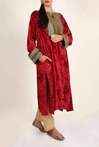 Red Zari Patchwork Velvet Chenille Phiran image 1