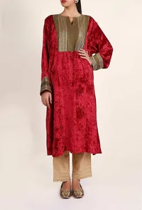 Red Zari Patchwork Velvet Chenille Phiran image 2