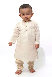 Set of 2 - Silver On Off-White Malmal Kurta Pyajam image 2