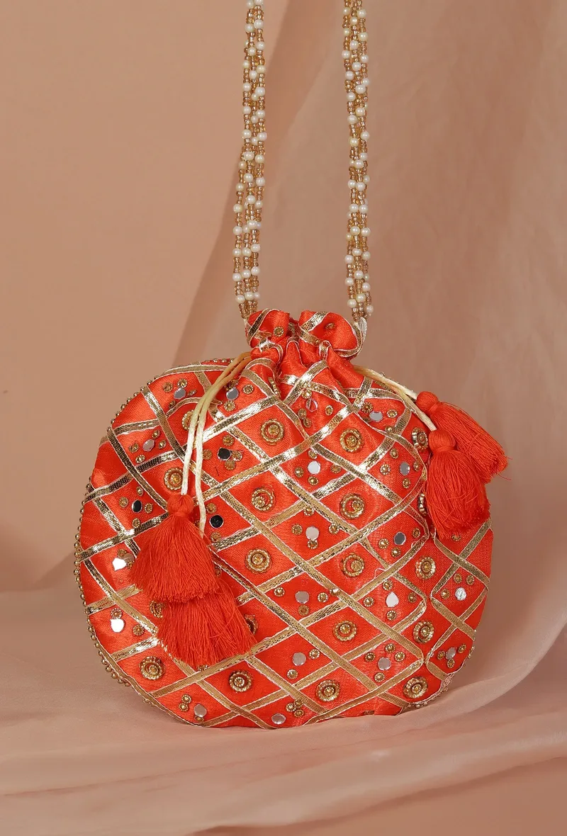 Glimmering Orange Potli With Gota And Glass Stone Work