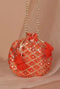 Glimmering Orange Potli With Gota And Glass Stone Work image 1
