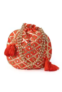 Glimmering Orange Potli With Gota And Glass Stone Work image 2