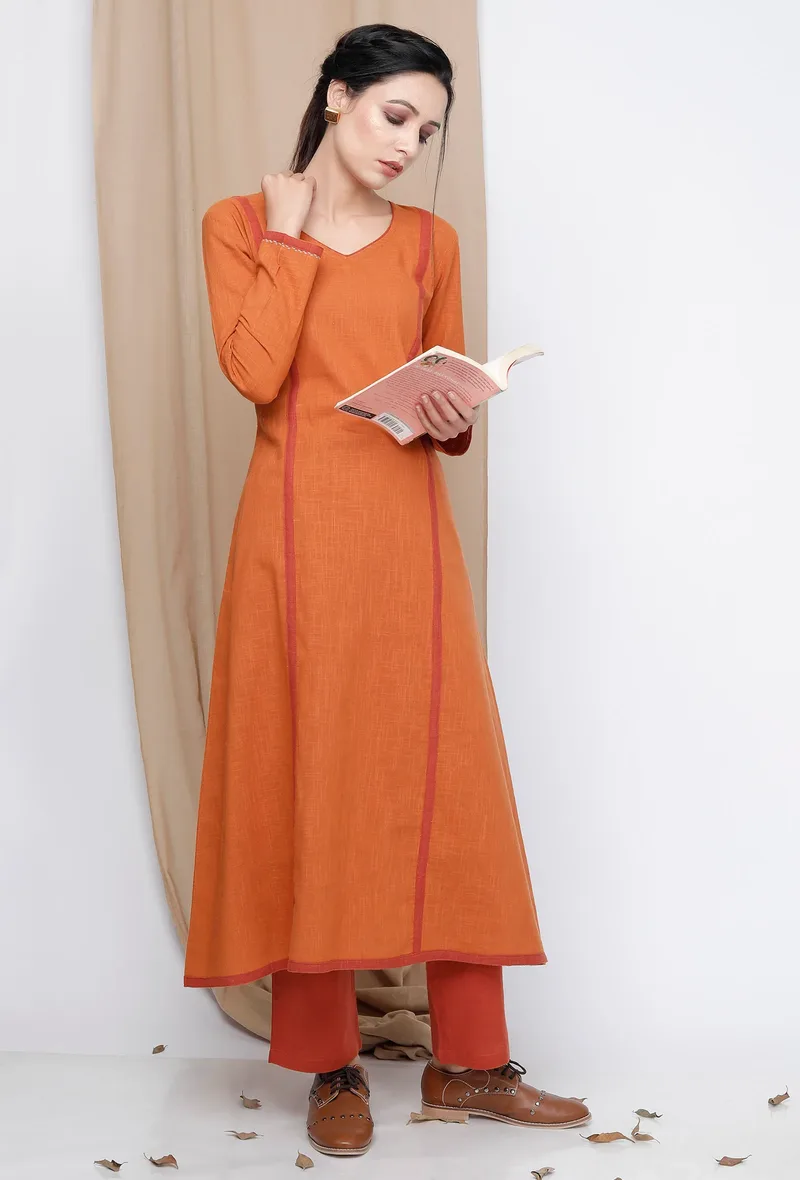 Rust orange A-line Cotton Kurta