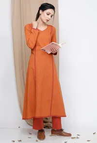 Rust orange A-line Cotton Kurta image 1