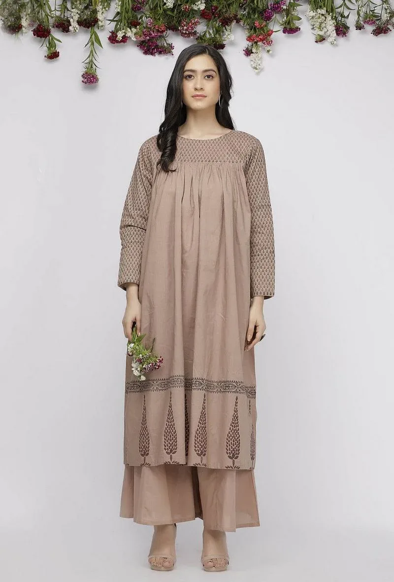 Beige Cotton Full Length Kota Hand-Block Printed Anarkali