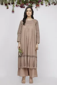 Beige Cotton Full Length Kota Hand-Block Printed Anarkali image 1