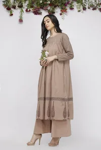 Beige Cotton Full Length Kota Hand-Block Printed Anarkali image 2