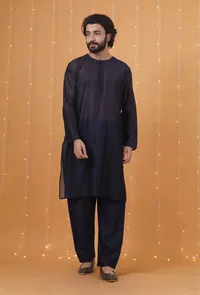 Set Of 2: Space Blue Chanderi Kurta & Pajama image 1
