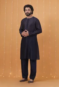 Set Of 2: Space Blue Chanderi Kurta & Pajama image 2