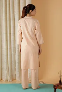 Set Of 2: Mulmul Cotton Peach Bandhgala Kurta And Straight Fit Pants image 5