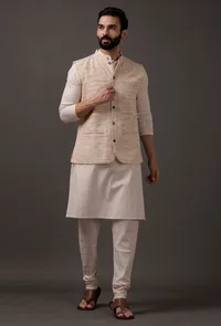 Set of 3: Beige Kurta pajama with Beige Waist Coat image 1