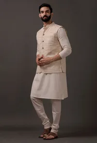 Set of 3: Beige Kurta pajama with Beige Waist Coat image 2