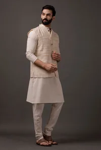 Set of 3: Beige Kurta pajama with Beige Waist Coat image 3