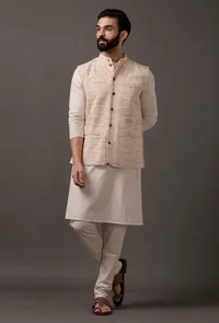 Set of 3: Beige Kurta pajama with Beige Waist Coat image 4