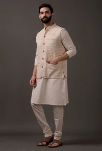 Set of 3: Beige Kurta pajama with Beige Waist Coat image 5