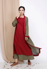 Mehandi Green Cape With Maroon Frills image 1