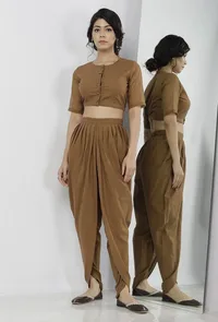 Set of 2: Kanak Plain Beige Cotton Blouse with Beige Cotton Dhoti image 1