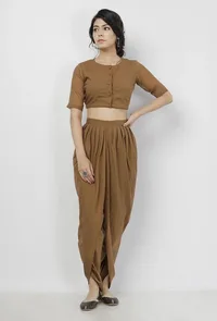 Set of 2: Kanak Plain Beige Cotton Blouse with Beige Cotton Dhoti image 2