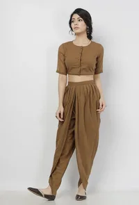 Set of 2: Kanak Plain Beige Cotton Blouse with Beige Cotton Dhoti image 3