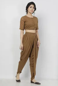 Set of 2: Kanak Plain Beige Cotton Blouse with Beige Cotton Dhoti image 4