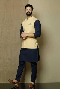 Khaki Yellow- Cotton Nehru Jacket image 2