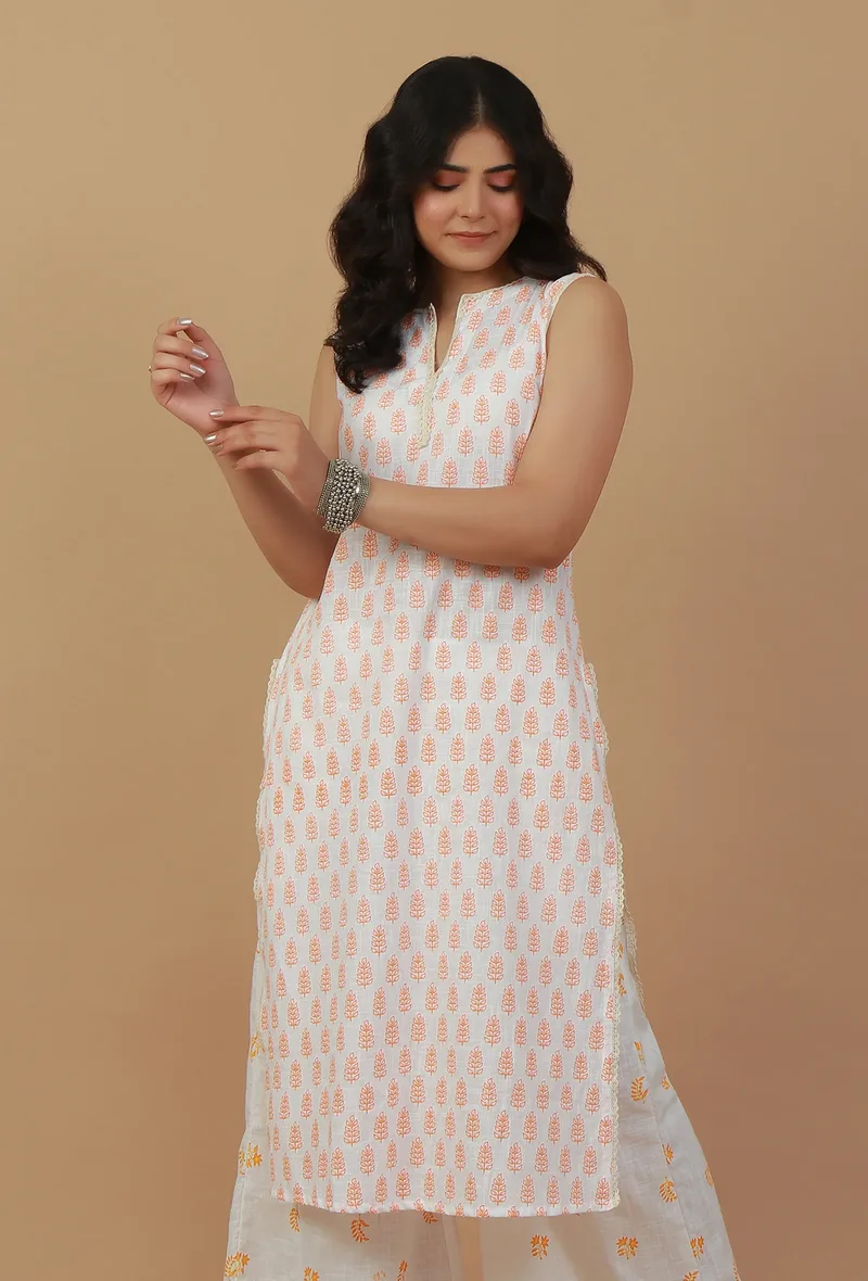 White & Peach Handblock Printed Sleeveless Cotton Kurta