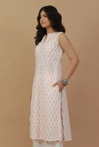 White & Peach Handblock Printed Sleeveless Cotton Kurta image 2