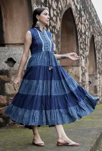 Preet Indigo Blue Tiered Dress With Gota Work image 2