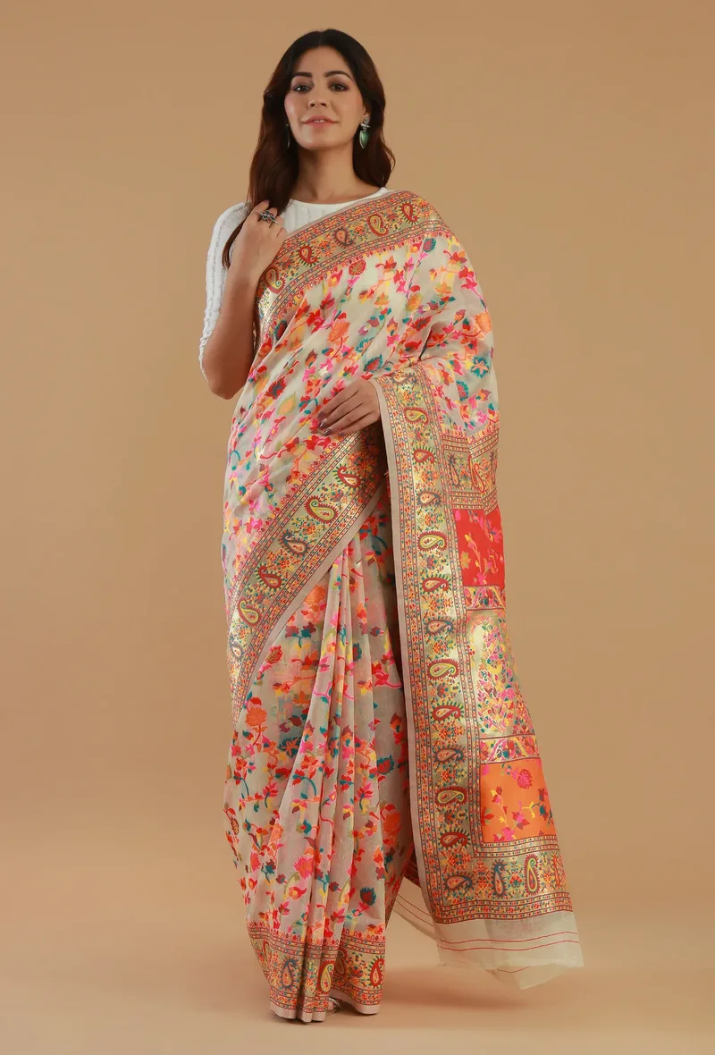 Ivory Heritage Floral Silk Wool Saree with Unstitched Blouse