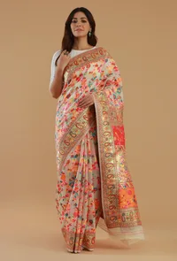 Ivory Heritage Floral Silk Wool Saree with Unstitched Blouse image 1