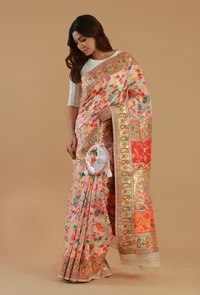 Ivory Heritage Floral Silk Wool Saree with Unstitched Blouse image 2