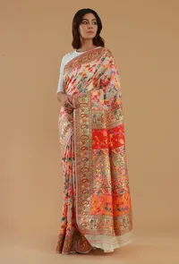 Ivory Heritage Floral Silk Wool Saree with Unstitched Blouse image 5