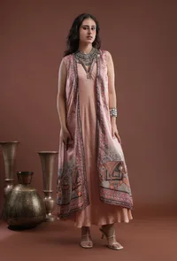 Set Of 2: Peach Taffeta Printed Overlay & Shantoon Flared Kurta image 1