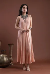 Set Of 2: Peach Taffeta Printed Overlay & Shantoon Flared Kurta image 3