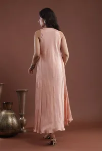 Set Of 2: Peach Taffeta Printed Overlay & Shantoon Flared Kurta image 4