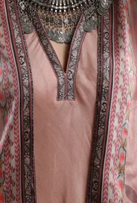 Set Of 2: Peach Taffeta Printed Overlay & Shantoon Flared Kurta image 5
