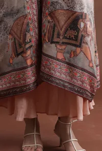 Set Of 2: Peach Taffeta Printed Overlay & Shantoon Flared Kurta image 6