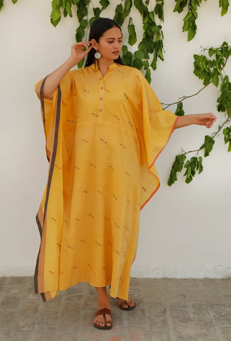 Mustard Yellow Pure Jamdani Cotton Kaftan Dress