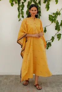 Mustard Yellow Pure Jamdani Cotton Kaftan Dress image 3