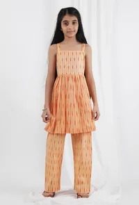 Set Of 2: Orange Ikat Cotton Kurta & Pants image 1