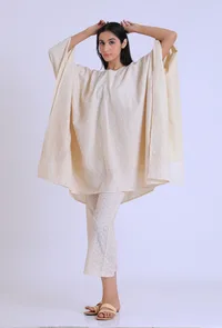 Off White Schiffli Cotton Kaftan image 2