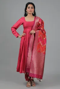 Raspberry Pink & Coral Bandhani Chanderi Brocade Dupatta image 2