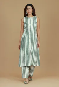 Green & White Striped Cotton Kurta image 1