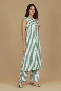 Green & White Striped Cotton Kurta image 2